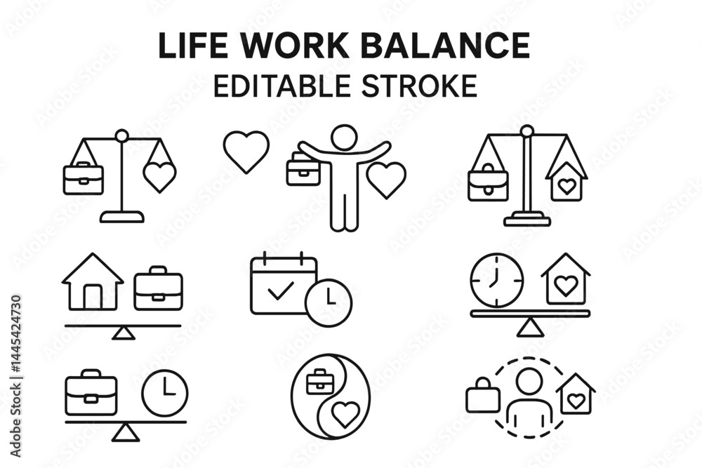 Minimalist vector icons for work-life balance featuring home, job, time management, and health symbols, perfect for any application Minimalist vector icons for work-life balance featuring home, job, time management, and health symbols, perfect for any application