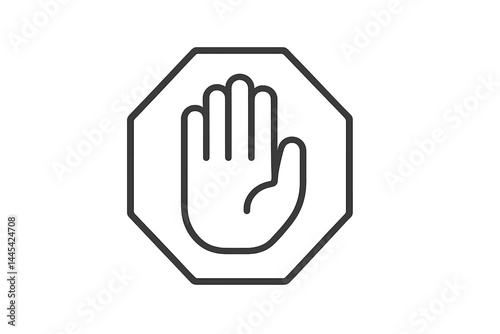 Vector icon of a stop hand symbol within an octagonal shape promoting caution and halting activities in various contexts