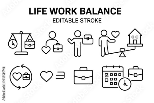 Icons illustrating life work balance concept with various elements representing work, love, and home dynamics