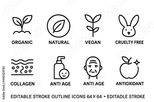 Vector icons representing organic, natural, vegan, and cruelty-free concepts suitable for wellness and beauty products