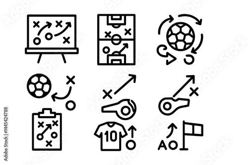Vector icon collection of soccer tactics and game strategy elements for sports coaching