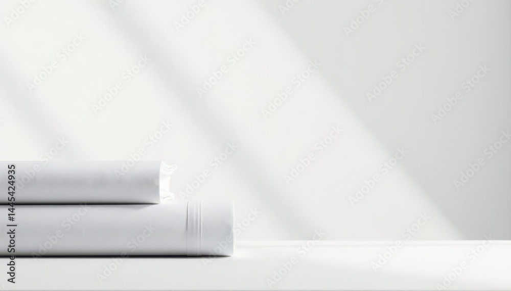 Two pristine white sheets, subtly offset, on a seamless white backdrop , flatlay, flyer Two pristine white sheets, subtly offset, on a seamless white backdrop , flatlay, flyer