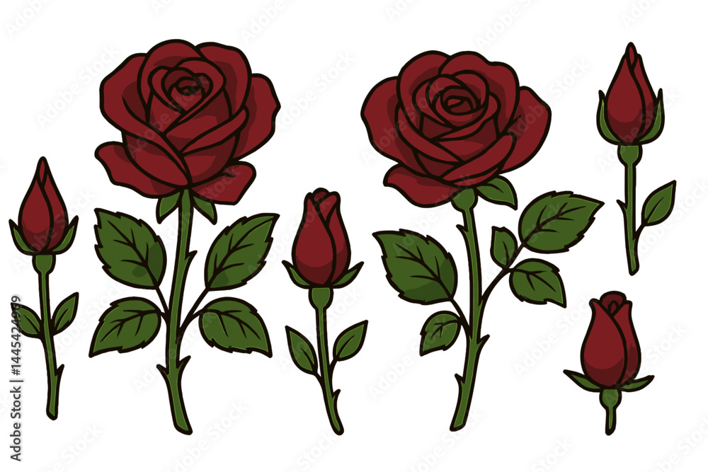 Detailed vector icon set of red roses showcasing full blooms and buds with green leaves Detailed vector icon set of red roses showcasing full blooms and buds with green leaves
