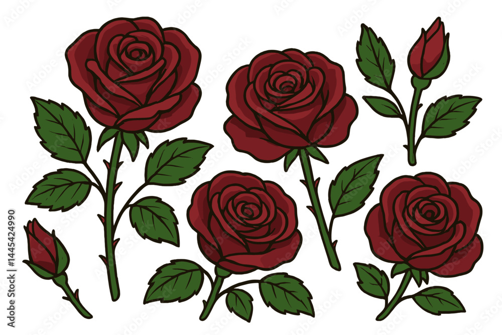 Beautiful vector icon of red roses showcasing different stages of bloom and bud formation with green leaves Beautiful vector icon of red roses showcasing different stages of bloom and bud formation with green leaves