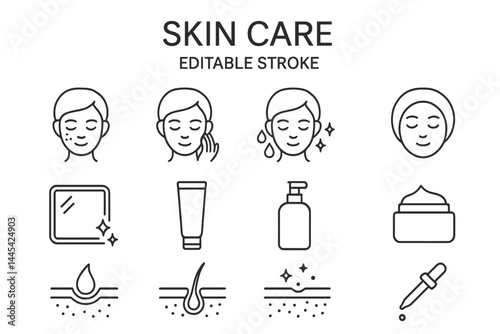 Vector icon set for skin care featuring facial illustrations and products used in daily routines for healthy skin