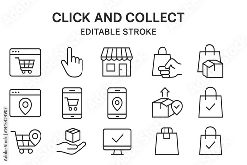 Vector icons demonstrating click and collect shopping concept with various elements like cart, store, and packages