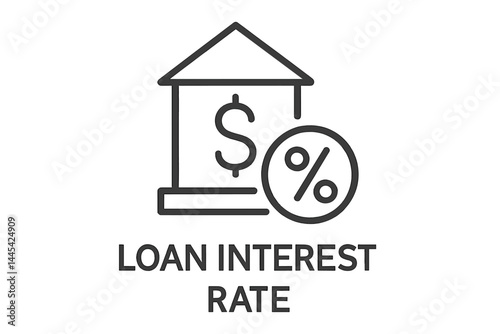 Vector icon representing loan interest rates with a building, dollar sign, and percentage symbol in a clean design