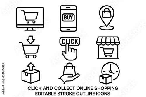 Vector icon set for click and collect online shopping featuring various shopping-related symbols and actions