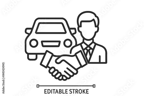 Vector icon of a car sale agreement featuring a handshake with a businessman, representing transactions and services in automotive industry