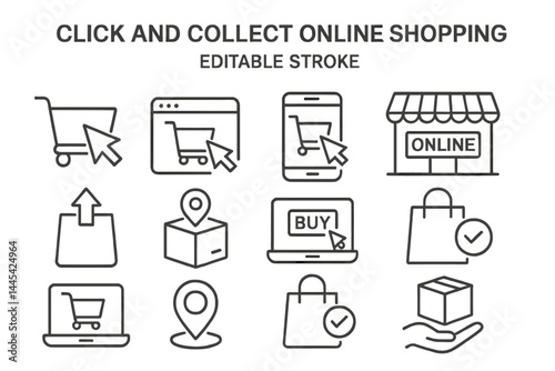 Vector icons representing click and collect online shopping with various elements like carts, devices, and delivery symbols