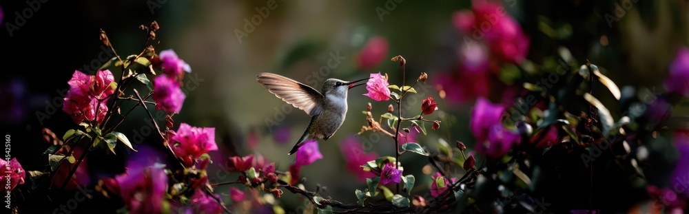 Fototapeta premium A hummingbird hovering near the flowers, motion blur, macro photography