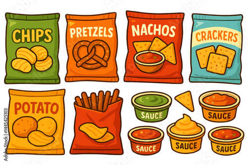 Snack food vector icons featuring chips, pretzels, nachos, crackers, and various dips for culinary applications