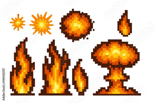 Vector icon set featuring various fire and explosion elements in pixel art style with vibrant orange and yellow colors