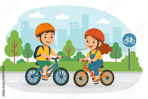 Kids riding bicycles happily in a park during a sunny day with cityscape in the background