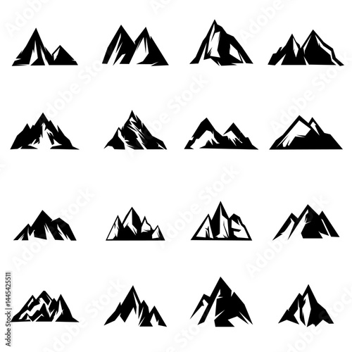 Set of mountain silhouettes. Unique rocky mountains icon or cool logo collection
