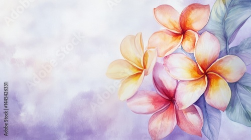 pink plumeria frame background for Birthday and wedding cards with copy space. watercolor drawing of flowers. Festive flower concept with space for text. pastel wallpaper. Floral banner, greeting card