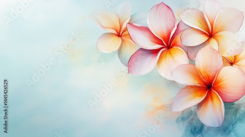 pink plumeria frame background for Birthday and wedding cards with copy space. watercolor drawing of flowers. Festive flower concept with space for text. pastel wallpaper. Floral banner, greeting card