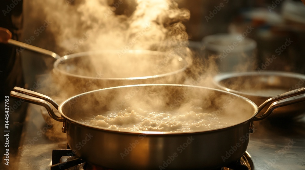 Steaming food in pans on a stovetop Steaming food in pans on a stovetop