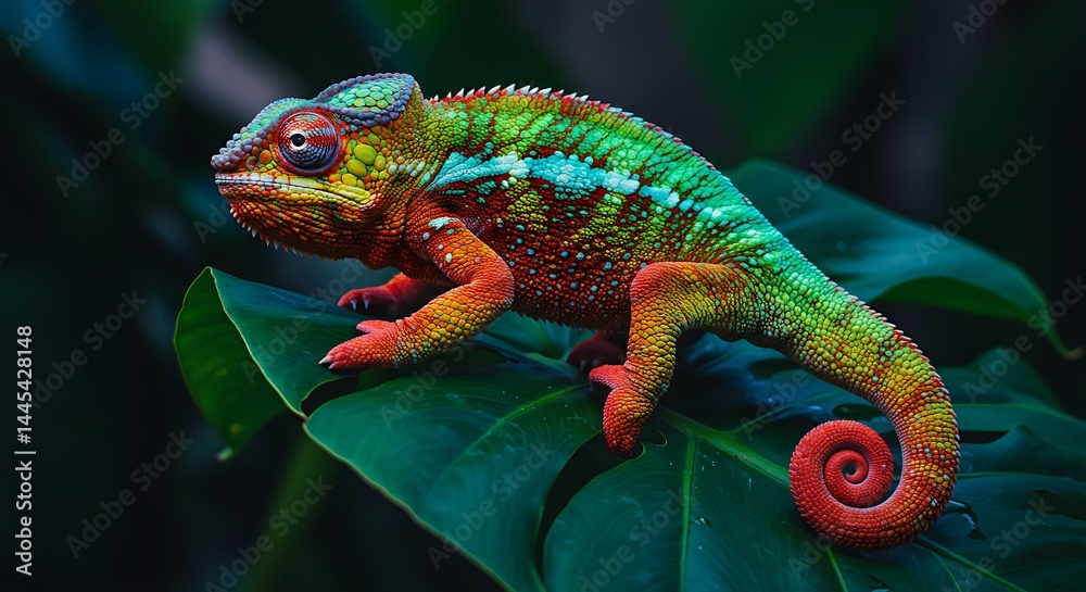 Fototapeta premium Colorful Chameleon on Leaf