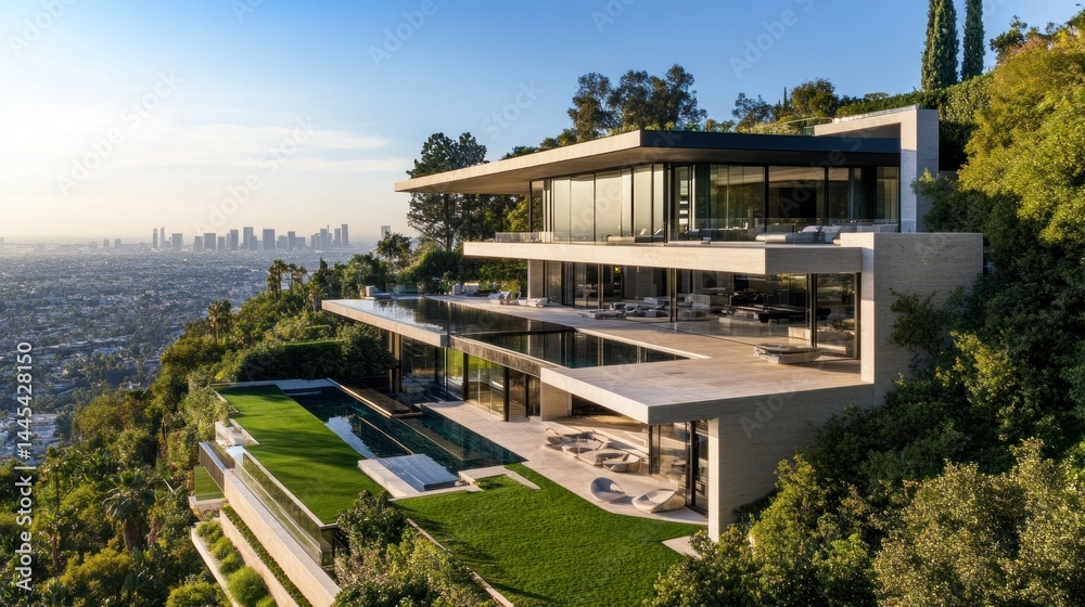 Modern large house situated on the edge of a steep cliff, with outdoor terrace, background wallpaper AI generated image Modern large house situated on the edge of a steep cliff, with outdoor terrace, background wallpaper AI generated image