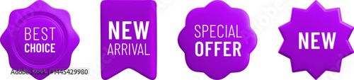 Vector cartoon 3d promo labels set. Special offer, Best Choice, New Arrival violet badges. Realistic 3d render sale stickers. Discount tags isolated on white background. Shopping banner template.