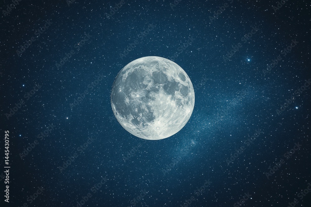 Fototapeta premium Bright full moon illuminating the night sky with stars scattered across the expanse, creating a serene celestial view