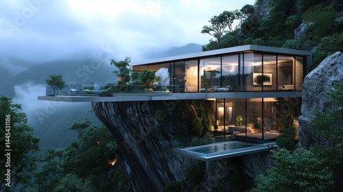 Modern house on a steep mountain cliff, combining contemporary architecture with natural beauty background wallpaper AI generated image