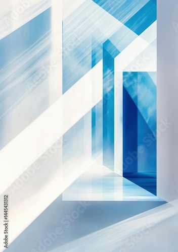 Abstract Blue and White Geometric Corridor: Serene Architectural Art