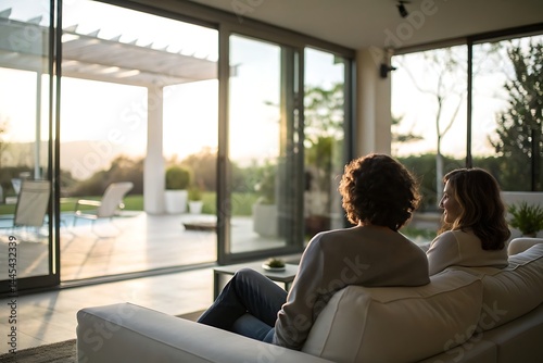 Couple enjoying sunset in modern home with blur background tranquil lifestyle setting