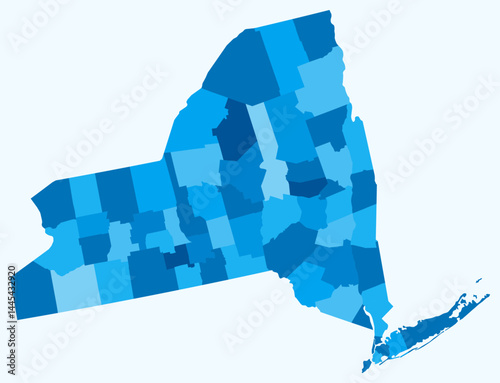 Map of New York with counties. Just a simple state border map with county division. Light blue color palette. Plain State of New York shape with administrative division. Vector illustration.