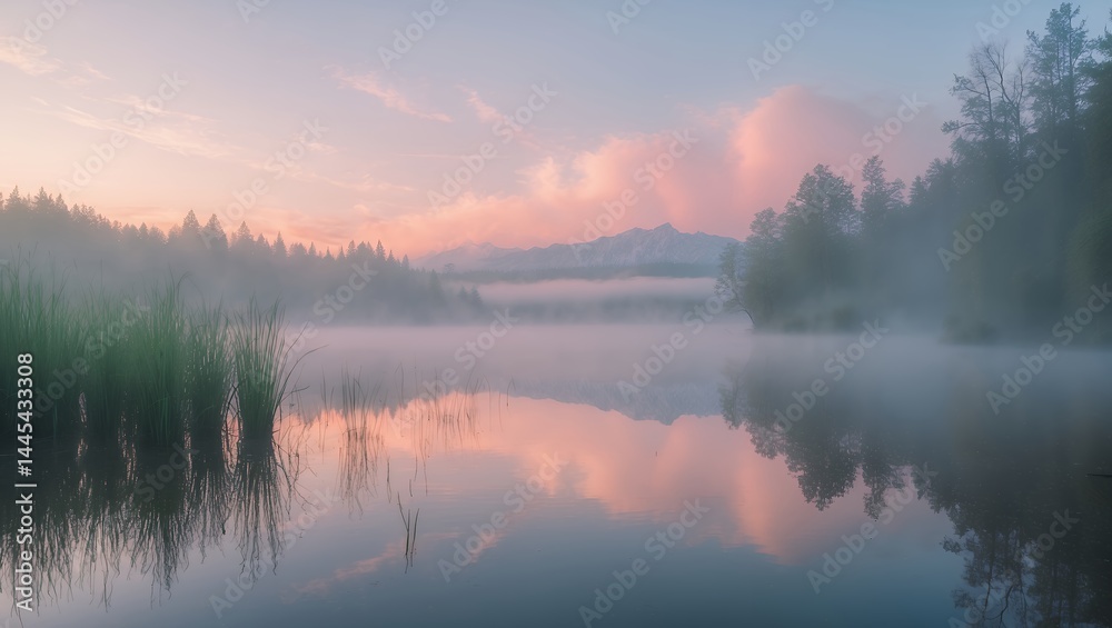 Fototapeta premium Serene Lake at Dawn with Mountain View and Fog