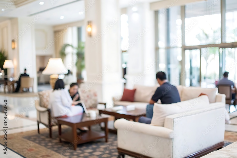 Engaging conversations in hotel lobby business meeting context blur background effect Engaging conversations in hotel lobby business meeting context blur background effect