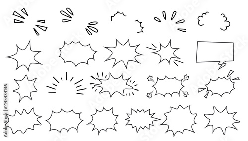 Comic explosion speech bubble vector set. Black outline boom shapes for retro pop art and cartoon design.

