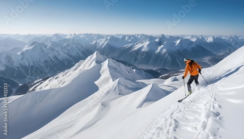 Skier Descending Snowy Mountain Peak