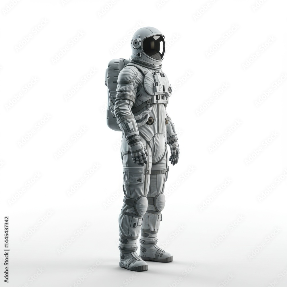 Full body side view of an astronaut in a white spacesuit standing on a white background looking forward Full body side view of an astronaut in a white spacesuit standing on a white background looking forward