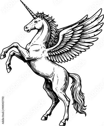 A heraldry coat of arms crest style rearing heraldic unicorn Pegasus winged horse standing on hind legs in a vintage style
