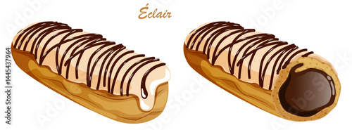 Whole and Bitten Eclair with White Chocolate Glaze and Black Chocolate Drizzle. Choux Pastry with Choco Cream Filling. French Dessert Vector Art