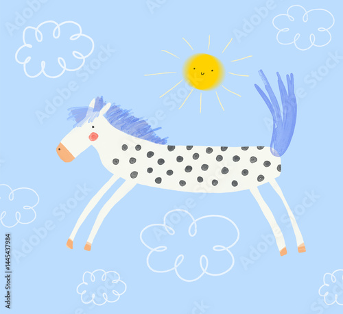 Cute Hand Drawn Nursery Vector Illustration Of Funny White Horse Running Among Clouds on a Blue Sky Background ideal for Card, Wall Art. Lovely Childish Style Art for Kids Room Decoration. 