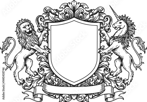 A heraldry crest lion and unicorn horse family coat of arms heraldic shield emblem design in an old medieval vintage style
