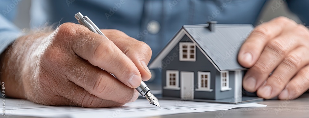 Agent focuses on filling out documents with a model house present in a professional office environment