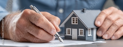 Obraz na płótnie Agent focuses on filling out documents with a model house present in a professional office environment w salonie
