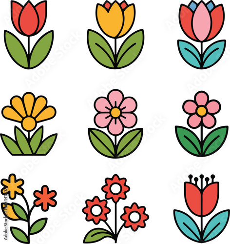  Flower Icon Set for Colorful Spring bloom or Floral Design. vector illustration.