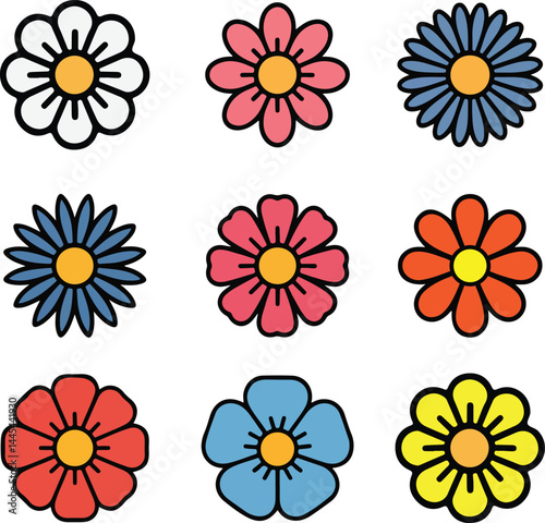  Flower Icon Set for Colorful Spring bloom or Floral Design. vector illustration.