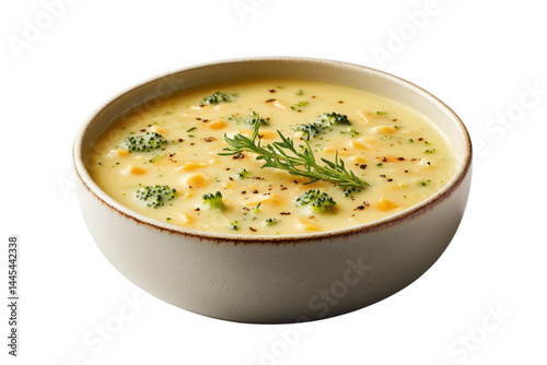 Creamy Broccoli Cheddar Soup Bowl Delicious Food Photography Studio Shot Warm Meal Lunch Recipe on transparent background