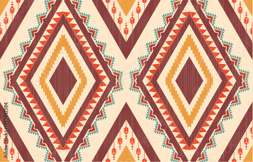 Geometric ethnic Native American tribal patterns, featuring Aztec and Navajo motifs, create a seamless decorative texture. Design for background ,curtain, carpet, clothing, wrapping, Batik.
