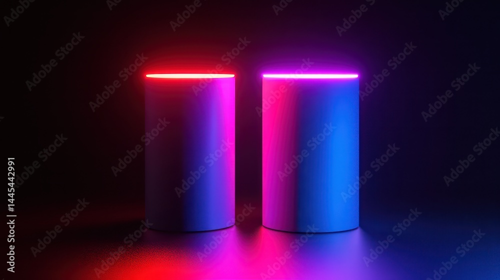 Neon-lit cylinders on dark background, product display Neon-lit cylinders on dark background, product display