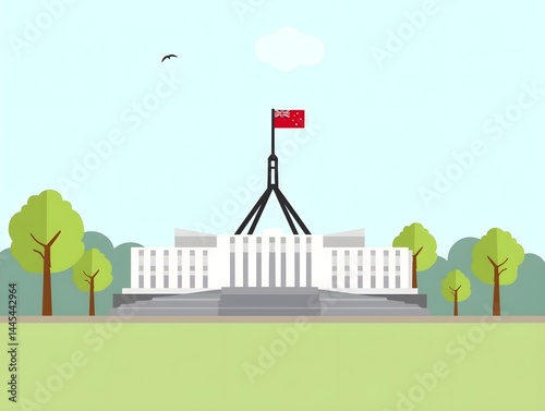 Australian Parliament House building flat illustration with flag and trees in Canberra landscape