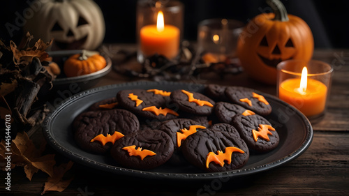 Halloween-themed dark chocolate cookies shaped like bats, pumpkins, and ghosts on a rustic wooden table, perfect for celebrating Halloween and All Saints' Day