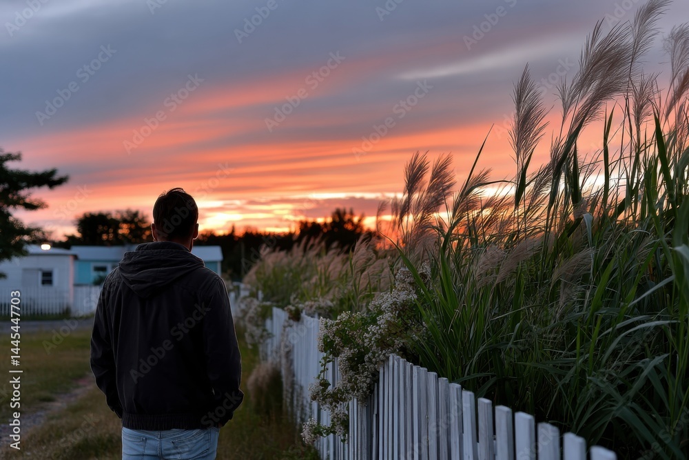 Fototapeta premium A serene silhouette of an individual standing by a white fence, gazing at a colorful sunset, symbolizing reflection, tranquility, and the beauty of nature at dusk.
