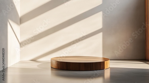 Sunlit Wooden Podium with Minimalist Room, and Product Display.